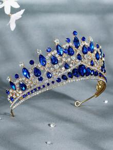 1pcLuxury Royal Deep Blue Rhinestone Crown Tiara, Baroque Gold Headpiece For Bride, Wedding, Pageant, Birthday Party. Exquisite 3-Inch Height Crystal Hair Accessory. - 彩色 - 查看 9