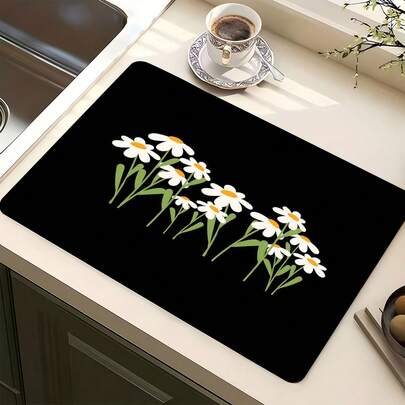 1pc Black Background Daisy Pattern Multipurpose Absorbent Mat, Polyester Waterproof Countertop Protector Pad, Suitable For Kitchen, Dining Table Decor, Dish Drying, Washing Machine, Coffee Maker, Bathroom Vanity, Kitchen Accessories, Party Supplies