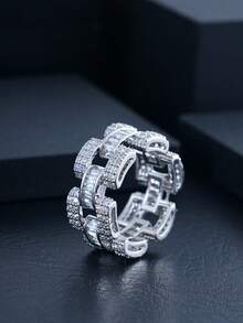 1 chiếc nhẫn đồng khảm đá Zirconia hình học rỗng, nhẫn unisex phong cách hip-hop cá nhân hóa, toàn bộ bằng đá Zirconia. - Vòng hình học - Xem 2