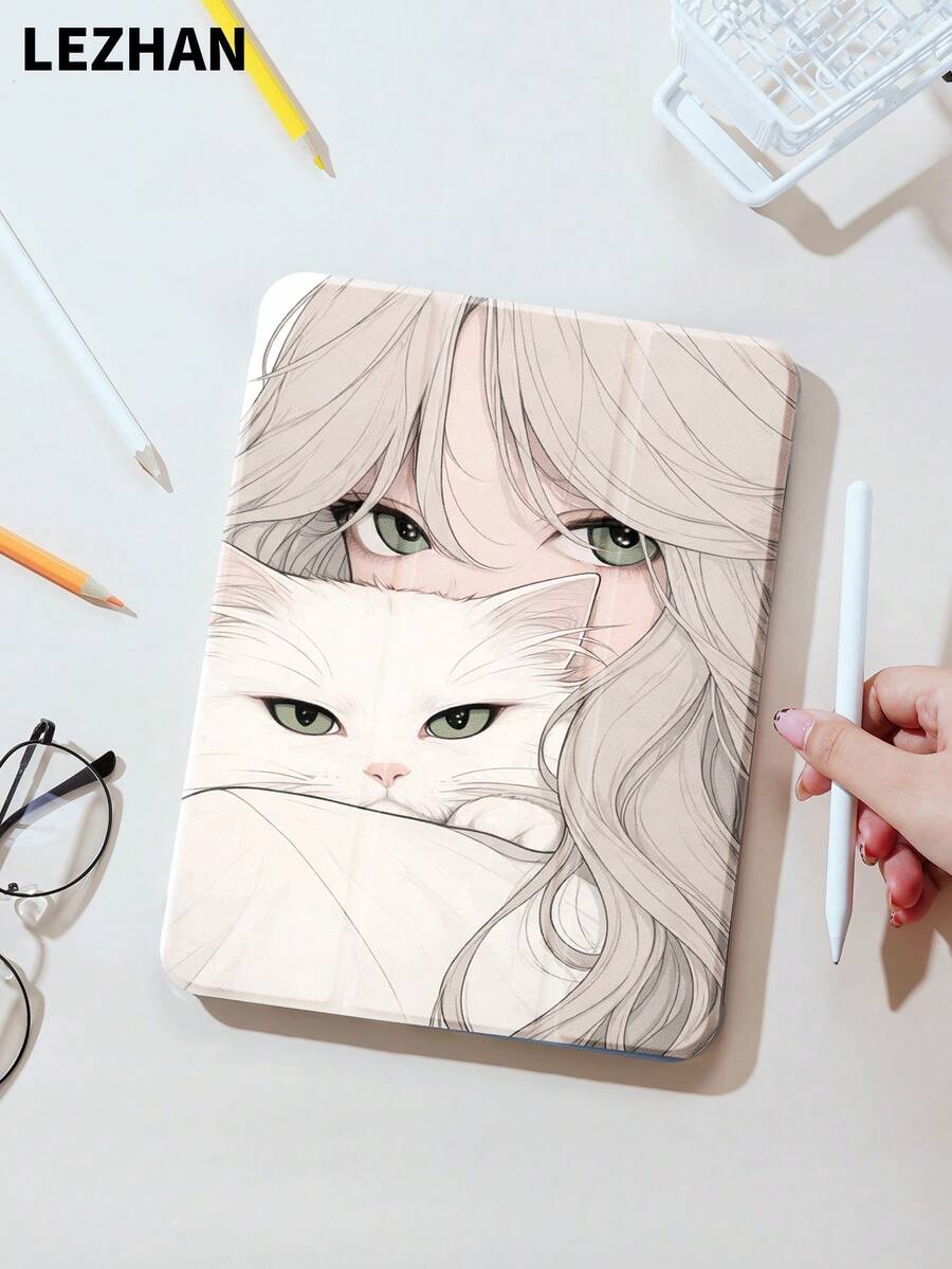 日系少女与白猫图案设计平板电脑保护套，带笔槽，防摔，三折式平板电脑支架保护壳，兼容 iPad 10.2 英寸、iPad Pro 11（2021/2020/第十代）、(A16) 11 英寸（第十一代/2025）、第八/第九/第十代、Galaxy Tab A8 10.5 英寸（2022）、Matepad 10.4/Tab，支持睡眠/唤醒功能，浪漫个性化礼物。 - 彩色 - 查看 1