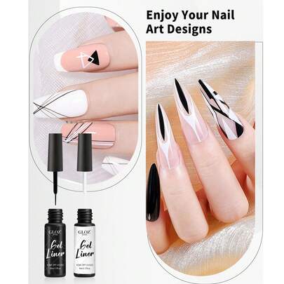GLOZ Gel Liner Nail Art - Black And White Set With Built-In Thin Brush For Swirl Nail Designs And Soak-Off For French Nail Art French Tips DIY Manicure Soak Off UV Curing