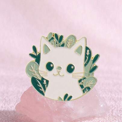 1pc Woodland Cat Aesthetic Pin White Cat Among Greenery Brooch With Gold Accents Accessory For Daily Wear Whimsical Nature Gift