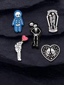 1/5件装骷髅臂章，心形骷髅徽章，服装背包配饰，暗黑哥特式骷髅合金翻领别针 - 彩色 - 查看 6