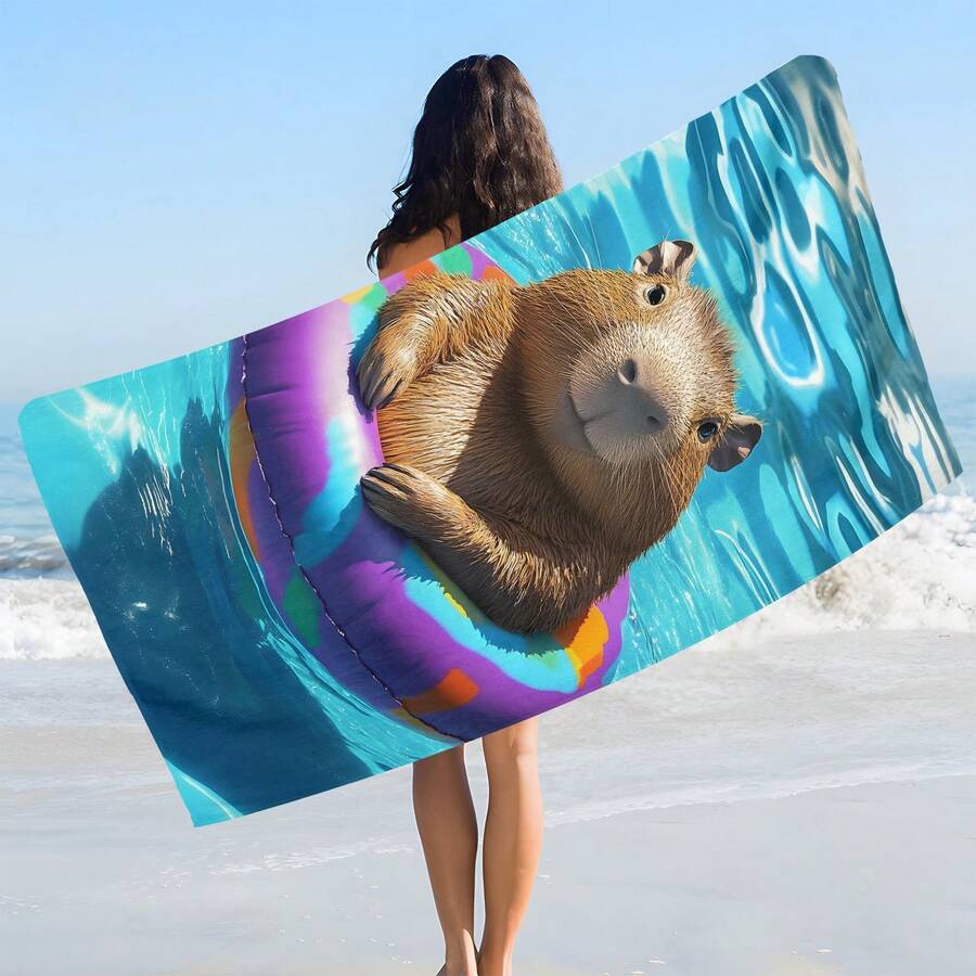 1pc Capybara Print Beach Towel, Soft Comfortable Lightweight Beach Towel, Suitable For Travel, Swimming, Diving, Surfing, Yoga, Camping, Beach Accessories - SSTJ11690 - View 1