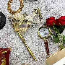 Máscara de disfraz de Halloween, máscara de fiesta de festival, máscara veneciana, disfraz, máscara con varilla de encaje dorado para sostener en la mano, máscara de baile de máscaras - Blanco - Ver 10