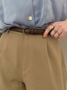 1pc Men's Metal Buckle Belt, Suitable For Pants - Coffee Brown - View 5
