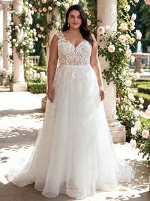Vestido de novia elegante de malla con aplicaciones de encaje HEARBOBO de talla grande, nueva llegada de primavera para fiesta de verano - Blanco - Ver 5