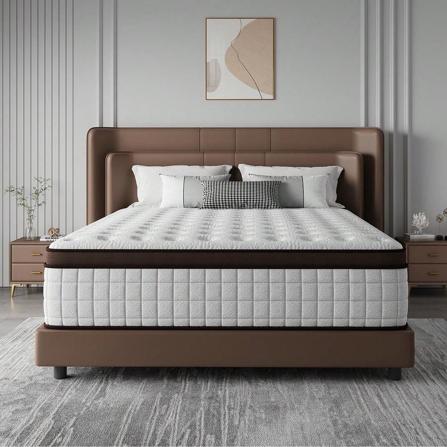 10"12"14" Queen Mattres Twin Full Queen King Size Bed Mattress In A Box, Hybrid Pocket Spring Breathable Cotton Layer Mattress For Motion Isolation & Silent Sleep, Lumbar Support & Pressure Relief, Medium Firm - màu đen - Xem 1