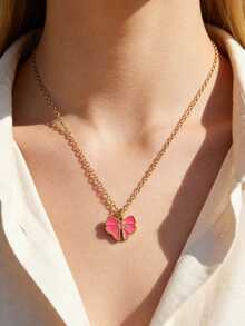 Mazuer 1件粉色少女风不锈钢滴油心形锁扣项链，蝴蝶结，音符，十字架吊坠，18K镀金锁骨链，浪漫日常佩戴及女士生日礼物 - 彩色 - 查看 4