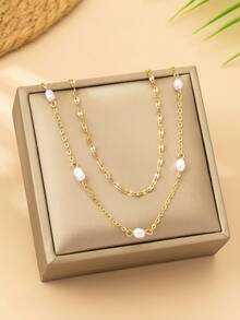 2 chiếc vòng cổ ngọc trai giả kiểu Pháp đơn giản, thanh lịch, dây chuyền kim loại nhiều lớp, thích hợp đeo hàng ngày, mọi mùa. - Vàng - Xem 5