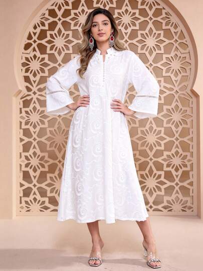 Áo Abaya thêu truyền thống thanh lịch kiểu mới năm 2026 dành cho phụ nữ, tay dài, cổ chữ V, đính ngọc trai.