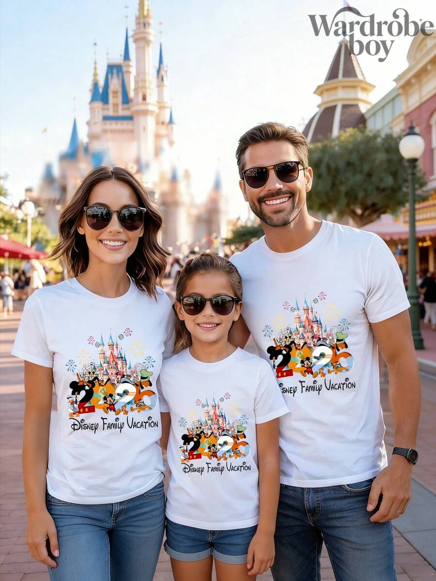 Disney 1PC Authorized Cartoon Short Sleeved T-Shirt, Cartoon Pattern Parent-Child Printed T-Shirt, Very Suitable For Family Travel And Vacation. This Is A New 2026 Short Sleeved T-Shirt, An Ideal Choice For Mother's Day, Suitable For Both Men And Women. Made Of High-Quality Pure Cotton, Comfortable And Breathable. Exquisite Design Is The Preferred Gift - 女士 - 查看 1