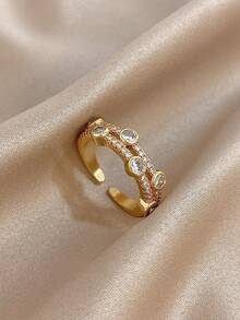 18K Gold Plated Copper Double-Layer Color-Block Zirconia Open Gold Ring For Women, Gold Plated Ring, Jewelry Set, Suitable For Daily Wear, Festivals, Parties, Dating, Beach, Easter, Mother's Day, Summer Jewelry, Valentine's Day Gifts, Gifts For Mom, Bohemian Style Jewelry - Multicolor - View 4