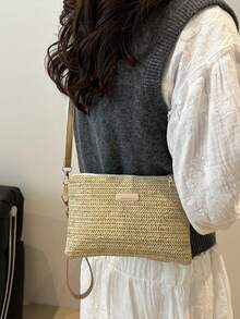 Women's Fashion Minimalist Woven Square Handbag, Shoulder Bag, Phone Pouch - Khaki - View 5