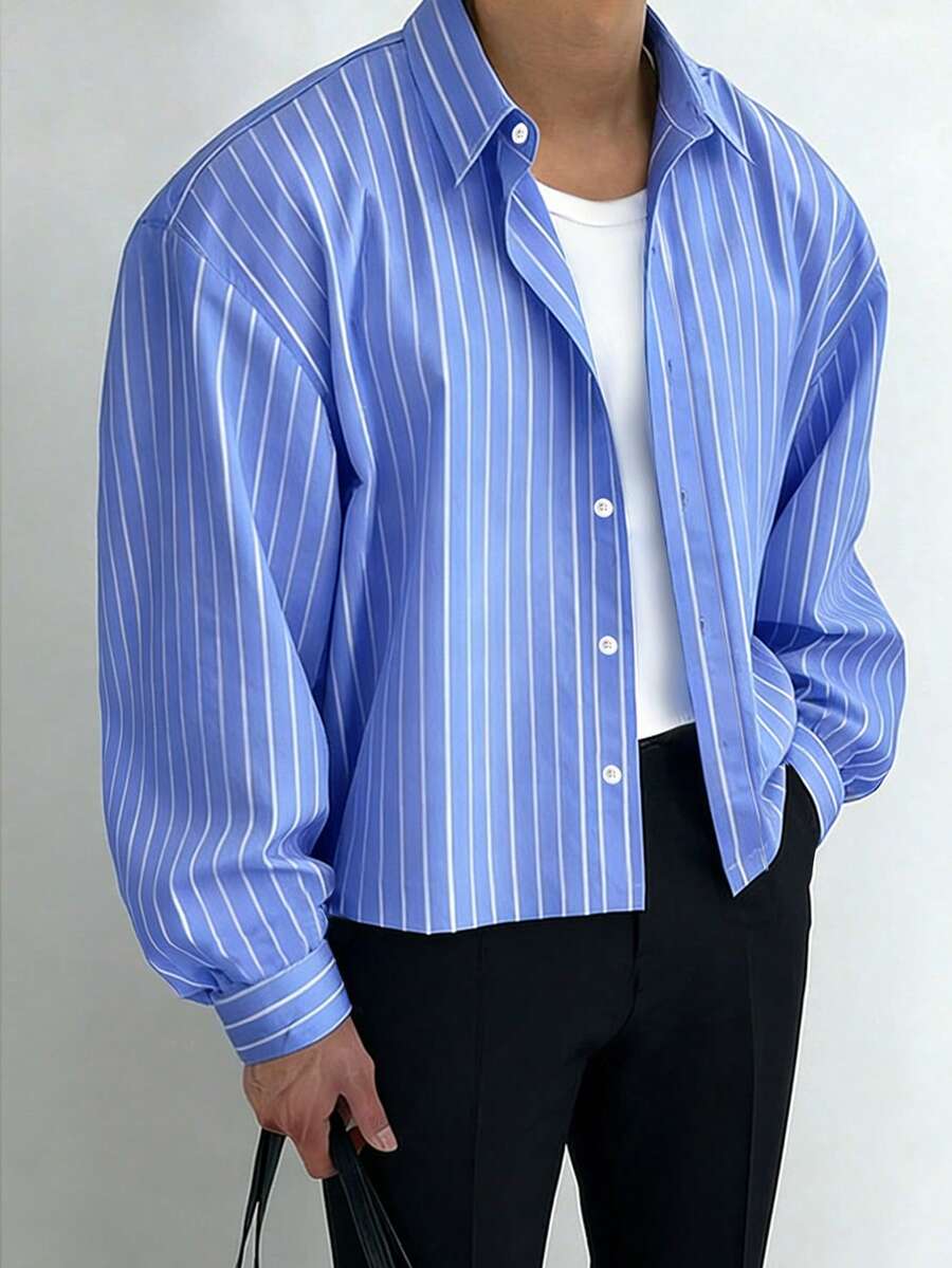 Men's Single-Breasted Casual/Commute Striped Short Sleeve Shirt - Blue - View 1