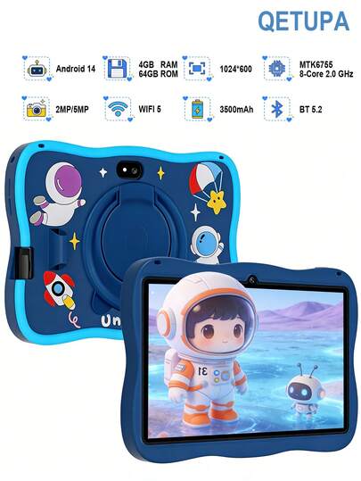 Qetupa Tableta PC Android 14 para niños de 7 pulgadas con funda protectora a prueba de golpes, diseño con tema de astronauta. Procesador MTK6755 Octa-Core de 2.0GHz, 4GB de RAM + 64GB de almacenamiento, pantalla táctil IPS de 1024*600, cámaras duales de 2MP+5MP, batería de 3500mAh. Compatible con Bluetooth y 802.11Ac/WiFi5, sin ranura para tarjeta SIM - Control parental, educación y juegos, ideal para regalos de Navidad, Halloween y cumpleaños