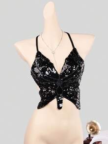 派对及节日蝴蝶亮片露背吊带衫休闲款 - 黑色 - 查看 7