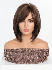 10 Inch Brown With Gray Highlights Short Layered Bobo Wig, Heat Resistant Synthetic Wig, Natural For Daily, Party, Office Wear - Brown - View 3