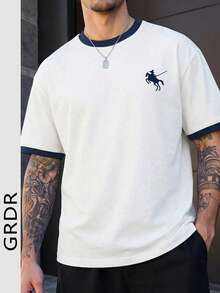 GRDR 男士新款极简印花T恤 - 复古撞色领短袖，舒适透气，夏季必备 - 白色 - 查看 2