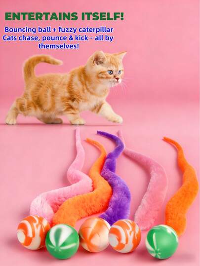 1/4个带尾巴的弹力球猫玩具，彩色弹力球，毛绒蠕虫带球，互动弹力尾巴猫咪用品，猫咪派对礼物，球的颜色随机