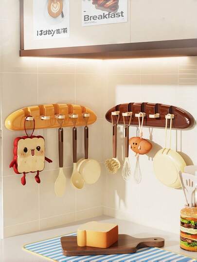Cute Baguette Shaped Wall Hooks, No-Drill Adhesive Coat Rack With L-Shaped Hooks, Space-Saving Organizer For Kitchen, Entryway & Bathroom