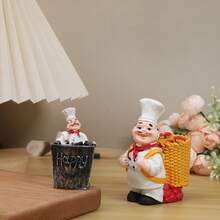1pc Charming Chef Theme Toothpick Holder With Wooden Barrel - Resin, No Electricity Needed, Perfect For Home And Party Decor - Push Box - View 4