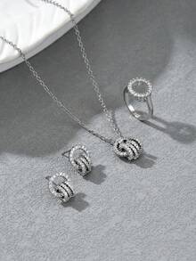 Bộ 3 món trang sức cưới mùa hè gồm dây chuyền mặt đá Zirconia, nhẫn hình học và bông tai, thích hợp làm quà tặng sinh nhật, đám cưới, tiệc tùng. - Trắng K - Xem 3