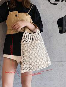 波西米亚风手工编织网眼手提包，镂空夏季度假沙滩包，木质手柄，无内衬。 - 白色 - 查看 5