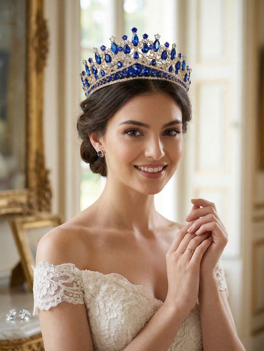 1pcLuxury Royal Deep Blue Rhinestone Crown Tiara, Baroque Gold Headpiece For Bride, Wedding, Pageant, Birthday Party. Exquisite 3-Inch Height Crystal Hair Accessory. - 彩色 - 查看 1