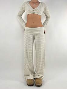 Women Y2k Striped Fold Over Pants Low Rise Yoga Pants Lounge Bottoms Color Block Wide Leg Flare Sweatpants - 象牙白 - 查看 2