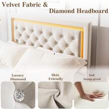 Marco de cama tapiceada flotante con luces led, Cama de plataforma completa / reina con cabecera de diamante, Soporte de láminas de madera, No se necesita muelle de caja, Sin ruido, Fácil montaje - Blanco - Tamaño Queen - Ver 7