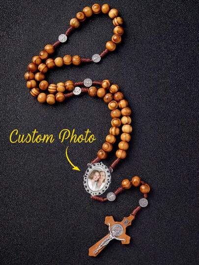 1pc Customized Full-Color Photo Necklace, Personalized Photo & Name Necklace, Mother's Day Gift, Customized Photo Jewelry, Natural Walnut Wood Cross Pendant, Personalized Gift For Him/Her On Birthday Or Anniversary