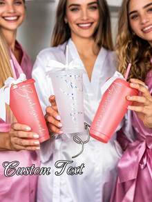 Customized Personalized Bride & Bridesmaid Cups With Name Initials: These Reusable Plastic Cups Feature A Cute Bow Design, Come With Lids And Straws, Making Them The Perfect Small Wedding Party Favors. - Multicolor - View 4