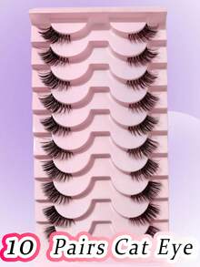 10 Pairs Cat Eye False Eyelashes, Natural Transparent Stem, 3D Faux Mink Lashes, Soft & Natural Look - Black - View 3