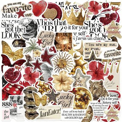 50PCS Y2K Gold&Red Fun Stickers Graffiti Decoration Luggage Guitar Car Skateboard Notepad