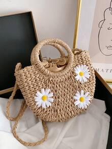 Daisy Straw Woven Bag | Romantic Essential For Summer Vacation And Daily Outings. Semi-Circular Body With 3D Daisy Decor! Dual Handle Design Includes A Short Hand Strap For Short Trips And A Detachable Long Shoulder Strap, Crossbody Or Shoulder Carry, Easily Matches Commuting, Shopping Or Beach Vacation Scenes. - Multicolor - View 4