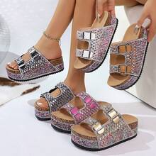 Summer New Rhinestone Beach Sandals For Women 2026, Large Size Double Buckle Cork Thick-Soled Slide Sandals - 玫紅色 - 查看 1