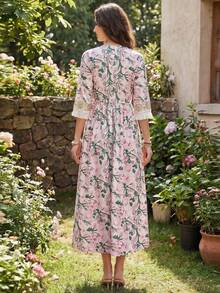 Elegant Arabian Floral Print Long Dress With Notched Ruffle Neck Three Quarter Regular Sleeves Fringe Detail And Appliques Woven Fabric Vacation Spring - Multicolor - View 2