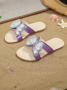 1 Pair Girls' Fashion Slippers, Shiny Colorful Crystal Mesh Butterfly Decor, Round Toe Open Toe Soft Non-Slip Slip-On Design, Fashionable Princess Beach Slippers For Daily, Vacation, Holiday Party, Spring/Summer New Arrival - Purple - View 7