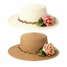 JEWELRYWE Women's Straw Sun Hat, 3D Artificial Flower Decoration, Flat-Top Sun Protection Hat, Vacation Style Beach Hat, Suitable For Summer Outdoor Casual - 米色 - 查看 10