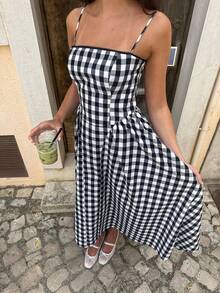 PoPoHouse Women's Cotton Gingham Print Midi Dress Sexy Backless Spaghetti Strap Square Neck Dress For Daily Casual Date Commute Summer Beach Vacation Going Out Outfit Black & White Gingham Dress - Black - View 6