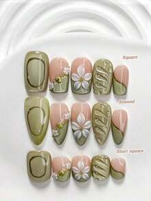 10pcs/Set Valentine's Day Handmade Nail Art Kit, Includes White Flower & Bow Decor, White & Red Gel Nails, French Polka Stickers, Heart Painting, Silver Beads Embedded, 3 Sizes Available: Almond/Square/Coffin Shape, With Set, Suitable Sweet Ladies & Girls, Valentine's Day/Party/Daily Wear Nail Supplies Handmade Press On Nails - 多色 16 - 查看 13