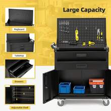 YODOLLA 132cm Heavy Duty Garage Workbench With Pegboard & Drawers - Lockable Tool Storage On Wheels - Black - View 7