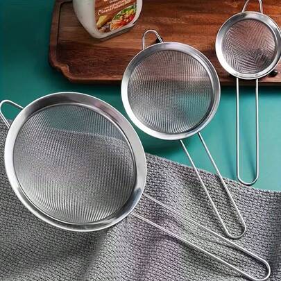 3pcs Stainless Steel Fine Mesh Strainer Set - Comfortable Handle, Durable Anti-Rust, Essential For Baking & Kitchen, Easy To Strain Sauces And Flour