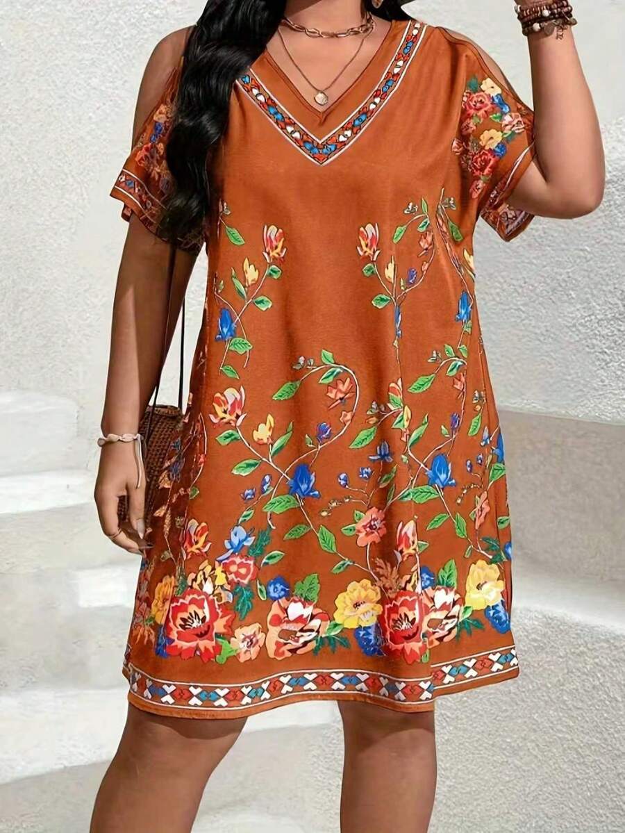 2026 New Plus Size V-Neck Floral Print Open Shoulder Short Sleeve Dress Elegant Vacation - Orange - View 1