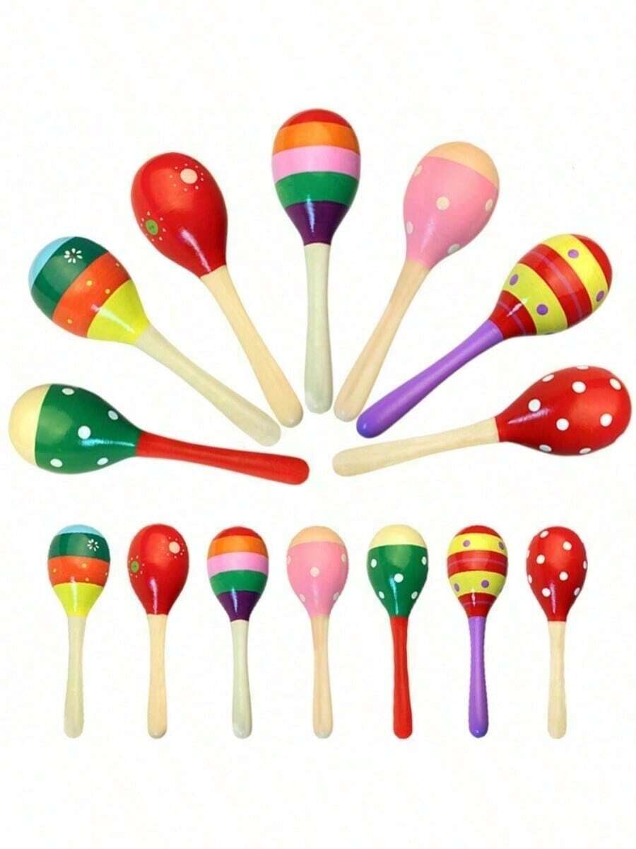 1/2/3/4/5/8 Pcs Wooden Maracas, Festive Wooden Maraca Toys, Random Pattern - Multicolor - View 1