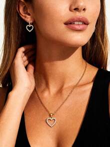 2pcs Heart-Shaped Pendant Necklace And Earrings Set, Gold-Tone With Rhinestone Decor, Suitable For Women's Workplace, Daily, Business, And Date Occasions, Can Be Given As A Gift On Wedding Anniversary - Gold - View 4