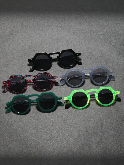 1副男士圆形PC小框朋克风铆钉复古街头时尚眼镜，适合派对和聚会