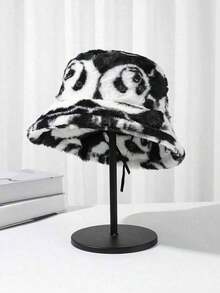 1pc Black & White Cartoon Printed Panda Tie Dye Thick Warm Plush Bucket Hat Autumn & Winter Vintage Fashionable Bucket Cap, Ear Street Men's Hat Summer Hat, Suitable Summer Outdoor Activities Such As Hiking And Fishing - Đen trắng - Xem 2