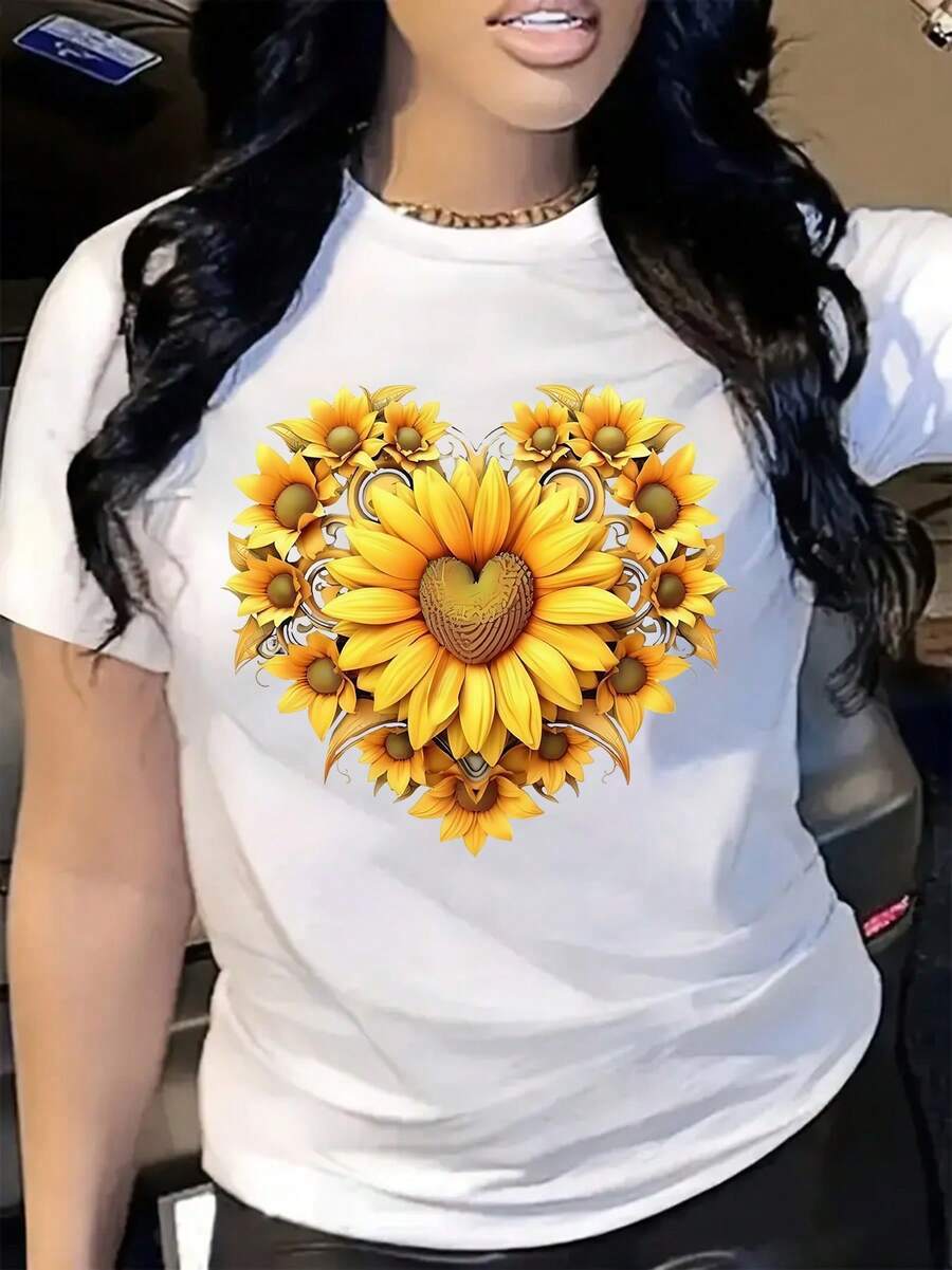 Camiseta casual de manga corta de gran tamaño con estampado de diseño de girasol en forma de corazón para mujeres, adecuada para primavera y verano. - Blanco - Ver 1